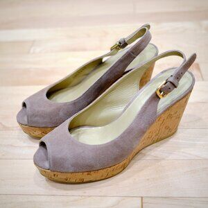 STUART WEITZMAN Taupe Peep-toe Suede Slingback Wedges
